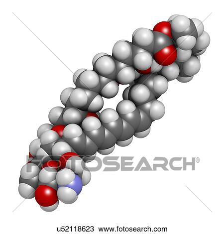 Drawing - "Nystatin antifungal drug molecule. Used in treatment of Candida infections. Atoms are represented as spheres with conventional colour coding: hydrogen (white), carbon (grey), oxygen (red), nitrogen (blue). ". Fotosearch
