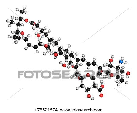 Stock Illustration - "Nystatin antifungal drug molecule. Used in treatment of Candida infections. Atoms are represented as spheres with conventional colour coding: hydrogen (white), carbon (black), oxygen (red), nitrogen (blue). ". Fotosearch