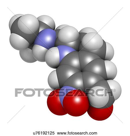 Stock Illustration - "Oxamniquine anthelmintic drug molecule. Used to treat Schistosoma mansoni infections. Atoms are represented as spheres with conventional colour coding: hydrogen (white), carbon (grey), oxygen (red), nitrogen (blue). ". Fotosearch