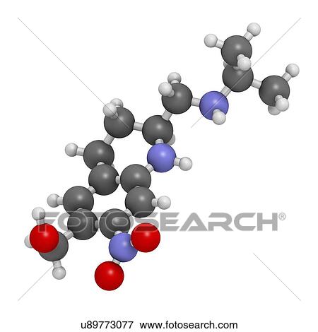 Stock Illustration - "Oxamniquine anthelmintic drug molecule. Used to treat Schistosoma mansoni infections. Atoms are represented as spheres with conventional colour coding: hydrogen (white), carbon (grey), oxygen (red), nitrogen (blue). ". Fotosearch