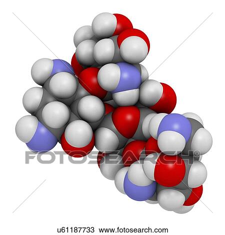 Drawing - "Paromomycin aminoglycoside antibiotic drug molecule. Atoms are represented as spheres with conventional colour coding: hydrogen (white), carbon (grey), oxygen (red), nitrogen (blue). ". Fotosearch
