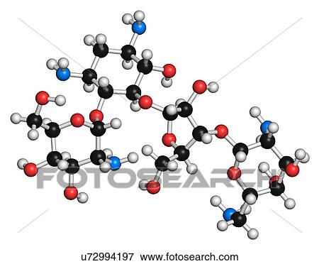Stock Illustration - "Paromomycin aminoglycoside antibiotic drug molecule. Atoms are represented as spheres with conventional colour coding: hydrogen (white), carbon (black), oxygen (red), nitrogen (blue). ". Fotosearch