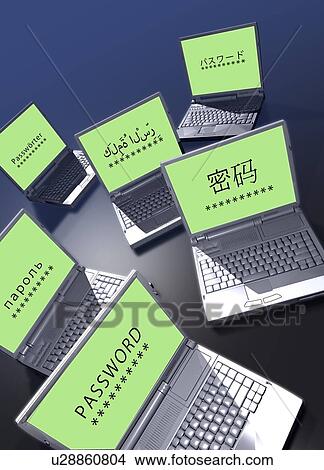 Stock Illustration - Passwords in different languages on laptop screens.. Fotosearch