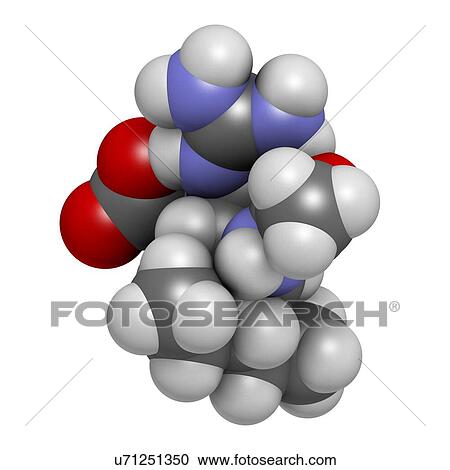 Clipart - "Peramivir influenza drug molecule (neuraminidase inhibitor). Atoms are represented as spheres with conventional colour coding: hydrogen (white), carbon (grey), oxygen (red), nitrogen (blue). ". Fotosearch