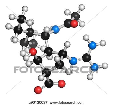 Stock Illustration - "Peramivir influenza drug molecule (neuraminidase inhibitor). Atoms are represented as spheres with conventional colour coding: hydrogen (white), carbon (black), oxygen (red), nitrogen (blue). ". Fotosearch