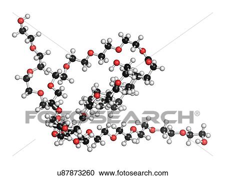 Clipart - "Polysorbate 80 surfactant and emulsifier molecule. Used in food (E433), cosmetics and medicines. Atoms are represented as spheres with conventional colour coding: hydrogen (white), carbon (black), oxygen (red). ". Fotosearch