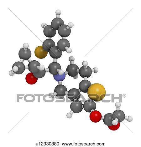 Clipart - Prasugrel platelet inhibitor drug molecule. Used in treatment of acute coronary syndrome and in the prevention of stent thrombosis.. Fotosearch