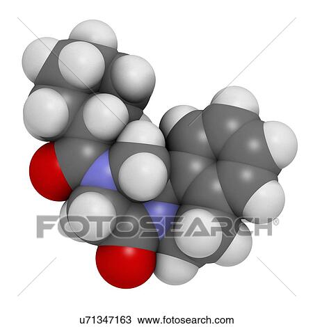 Drawing - "Praziquantel anthelmintic drug molecule. Used to treat tapeworm infections. Atoms are represented as spheres with conventional colour coding: hydrogen (white), carbon (grey), oxygen (red), nitrogen (blue). ". Fotosearch