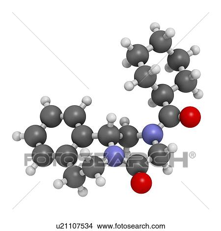 Stock Illustration - "Praziquantel anthelmintic drug molecule. Used to treat tapeworm infections. Atoms are represented as spheres with conventional colour coding: hydrogen (white), carbon (grey), oxygen (red), nitrogen (blue). ". Fotosearch