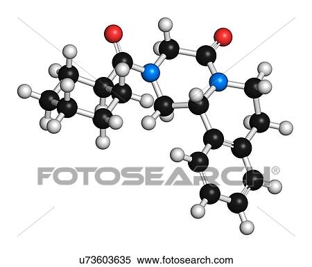 Stock Illustration - "Praziquantel anthelmintic drug molecule. Used to treat tapeworm infections. Atoms are represented as spheres with conventional colour coding: hydrogen (white), carbon (black), oxygen (red), nitrogen (blue). ". Fotosearch