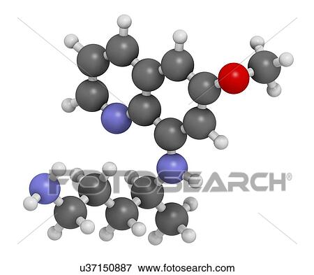"Primaquine malaria drug molecule. Atoms are represented as spheres with conventional colour coding: hydrogen (white), carbon (grey), oxygen (red), nitrogen (blue). " View Large Illustration Stock Illustration - "Primaquine malaria drug molecule. Atoms are represented as spheres with conventional colour coding: hydrogen (white), carbon (grey), oxygen (red), nitrogen (blue). ". Fotosearch