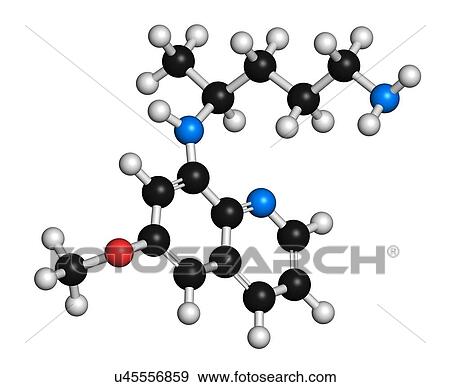 Stock Illustration - "Primaquine malaria drug molecule. Atoms are represented as spheres with conventional colour coding: hydrogen (white), carbon (black), oxygen (red), nitrogen (blue). ". Fotosearch