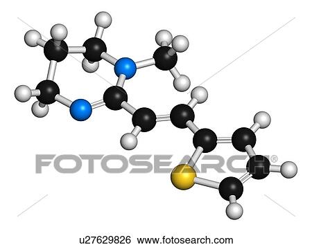Stock Illustration - "Pyrantel antinematodal drug molecule. Used to threat nematode (roundworm) parasite infections. Atoms are represented as spheres with conventional colour coding: hydrogen (white), carbon (black), sulfur (yellow), nitrogen (blue). ". Fotosearch