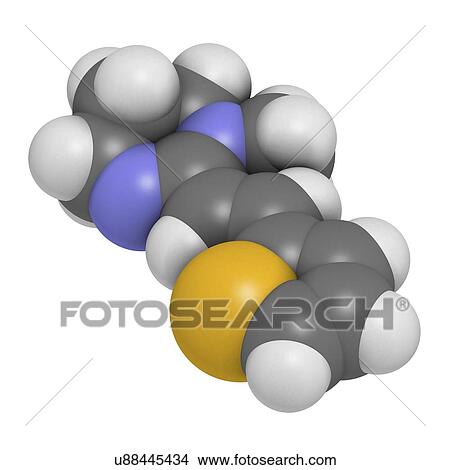 Stock Illustration - "Pyrantel antinematodal drug molecule. Used to threat nematode (roundworm) parasite infections. Atoms are represented as spheres with conventional colour coding: hydrogen (white), carbon (grey), sulfur (yellow), nitrogen (blue). ". Fotosearch