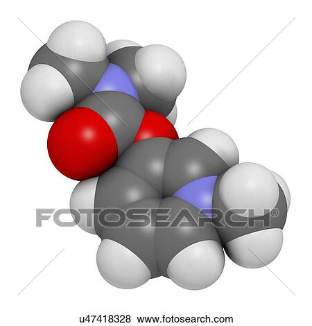 Stock Illustration - "Pyridostigmine cholinesterase drug molecule. Used in treatment of myasthenia gravis and as antidote to some nerve agents. Atoms are represented as spheres with conventional colour coding: hydrogen (white), carbon (grey), oxygen (red), nitrogen (blue). ". Fotosearch