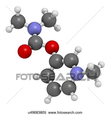 Stock Illustration - "Pyridostigmine cholinesterase drug molecule. Used in treatment of myasthenia gravis and as antidote to some nerve agents. Atoms are represented as spheres with conventional colour coding: hydrogen (white), carbon (grey), oxygen (red), nitrogen (blue). ". Fotosearch