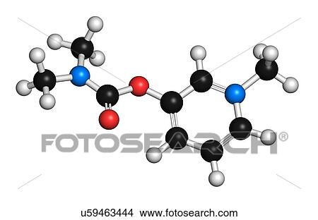 Stock Illustration - "Pyridostigmine cholinesterase drug molecule. Used in treatment of myasthenia gravis and as antidote to some nerve agents. Atoms are represented as spheres with conventional colour coding: hydrogen (white), carbon (black), oxygen (red), nitrogen (blue). ". Fotosearch