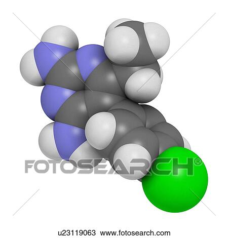 "Pyrimethamine malaria drug molecule. Also used as an antiprotozoal drug. Atoms are represented as spheres with conventional colour coding: hydrogen (white), carbon (grey), chlorine (green), nitrogen (blue). " View Large Illustration Drawing - "Pyrimethamine malaria drug molecule. Also used as an antiprotozoal drug. Atoms are represented as spheres with conventional colour coding: hydrogen (white), carbon (grey), chlorine (green), nitrogen (blue). ". Fotosearch