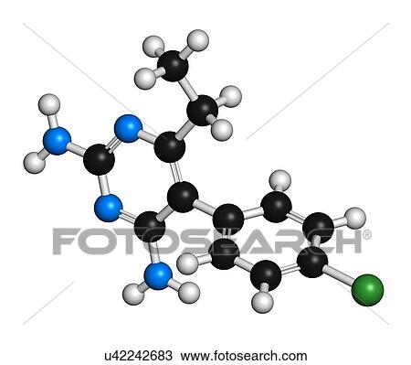 "Pyrimethamine malaria drug molecule. Also used as an antiprotozoal drug. Atoms are represented as spheres with conventional colour coding: hydrogen (white), carbon (black), chlorine (green), nitrogen (blue). " View Large Illustration Drawing - "Pyrimethamine malaria drug molecule. Also used as an antiprotozoal drug. Atoms are represented as spheres with conventional colour coding: hydrogen (white), carbon (black), chlorine (green), nitrogen (blue). ". Fotosearch
