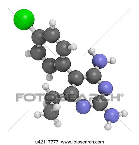 "Pyrimethamine malaria drug molecule. Also used as an antiprotozoal drug. Atoms are represented as spheres with conventional colour coding: hydrogen (white), carbon (grey), chlorine (green), nitrogen (blue). " View Large Illustration Stock Illustration - "Pyrimethamine malaria drug molecule. Also used as an antiprotozoal drug. Atoms are represented as spheres with conventional colour coding: hydrogen (white), carbon (grey), chlorine (green), nitrogen (blue). ". Fotosearch