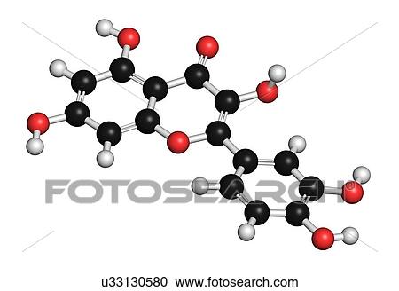 Clipart - "Quercetin plant molecule. Atoms are represented as spheres with conventional colour coding: hydrogen (white), carbon (black), oxygen (red). ". Fotosearch