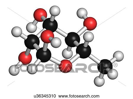 Clipart - "Rhamnose (L-rhamnose) deoxy sugar molecule. Used in cosmetics to treat wrinkles. Atoms are represented as spheres with conventional colour coding: hydrogen (white), carbon (black), oxygen (red). ". Fotosearch