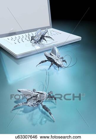 Stock Illustration - "Robotic bugs and a laptop, computer illustration. ". Fotosearch