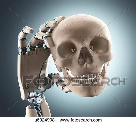 Clip Art - "Robotic hand holding a human skull, computer illustration. ". Fotosearch
