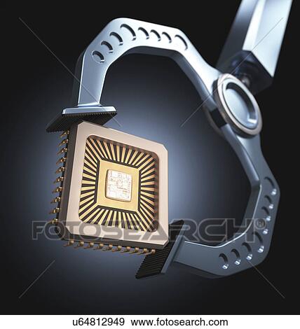 Stock Illustration - "Robotic hand holding a microchip, computer illustration. ". Fotosearch