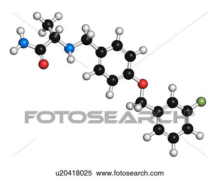Stock Illustration - "Safinamide Parkinson's disease drug molecule. Atoms are represented as spheres with conventional colour coding: hydrogen (white), carbon (black), oxygen (red), nitrogen (blue), fluorine (light green). ". Fotosearch