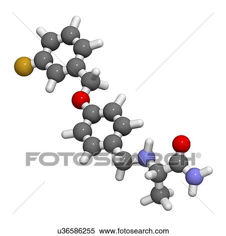 Stock Illustration - "Safinamide Parkinson's disease drug molecule. Atoms are represented as spheres with conventional colour coding: hydrogen (white), carbon (grey), oxygen (red), nitrogen (blue), fluorine (gold). ". Fotosearch