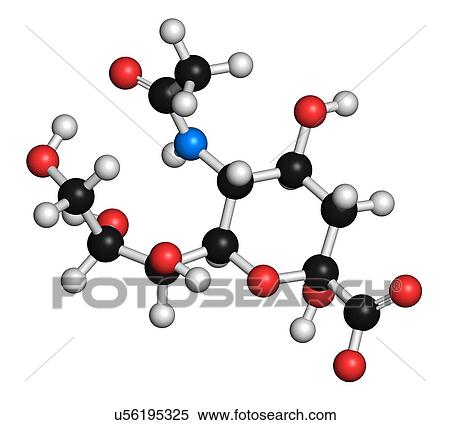 Stock Illustration - "Sialic acid (N-acetylneuraminic acid, Neu5Ac, NANA) molecule. Atoms are represented as spheres with conventional colour coding: hydrogen (white), carbon (black), oxygen (red), nitrogen (blue). ". Fotosearch