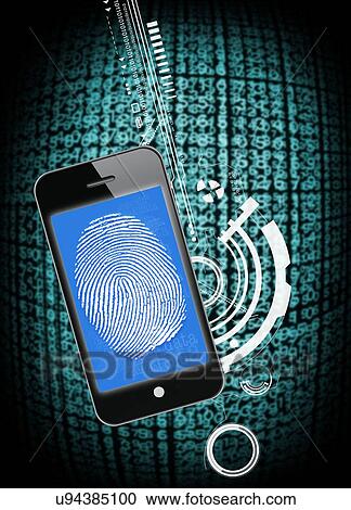 Clipart - "Smartphone with a fingerprint on the screen, computer illustration. ". Fotosearch