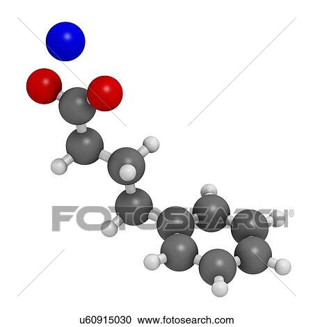 Clipart - Sodium phenylbutyrate urea cycle disorders drug molecule. Also acts as histone acetylase (HDAc) inhibitor and chemical chaperone.. Fotosearch