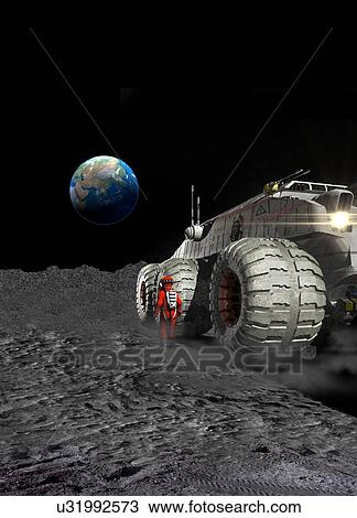 "Space vehicle and person on an alien planet, computer illustration. " View Large Illustration Drawing - "Space vehicle and person on an alien planet, computer illustration. ". Fotosearch