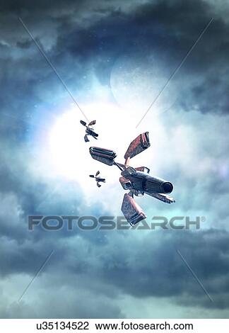 Drawing - "Spacecraft in the clouds, computer illustration. ". Fotosearch