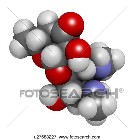 Stock Illustration - "Spectinomycin gonorrhoea drug molecule. Antibiotic of the aminocyclitol class. Atoms are represented as spheres with conventional colour coding: hydrogen (white), carbon (grey), oxygen (red), nitrogen (blue). ". Fotosearch