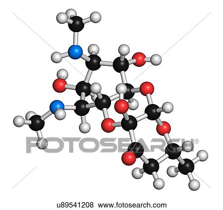 Stock Illustration - "Spectinomycin gonorrhoea drug molecule. Antibiotic of the aminocyclitol class. Atoms are represented as spheres with conventional colour coding: hydrogen (white), carbon (black), oxygen (red), nitrogen (blue). ". Fotosearch
