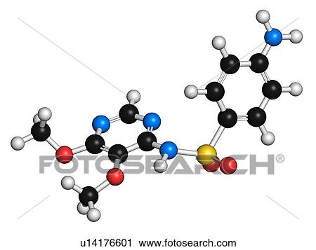 Clip Art - "Sulfadoxine malaria drug molecule (sulfonamide class). Atoms are represented as spheres with conventional colour coding: hydrogen (white), carbon (black), oxygen (red), nitrogen (blue), sulfur (yellow). ". Fotosearch