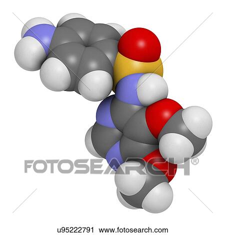 "Sulfadoxine malaria drug molecule (sulfonamide class). Atoms are represented as spheres with conventional colour coding: hydrogen (white), carbon (grey), oxygen (red), nitrogen (blue), sulfur (yellow). " View Large Illustration Clip Art - "Sulfadoxine malaria drug molecule (sulfonamide class). Atoms are represented as spheres with conventional colour coding: hydrogen (white), carbon (grey), oxygen (red), nitrogen (blue), sulfur (yellow). ". Fotosearch