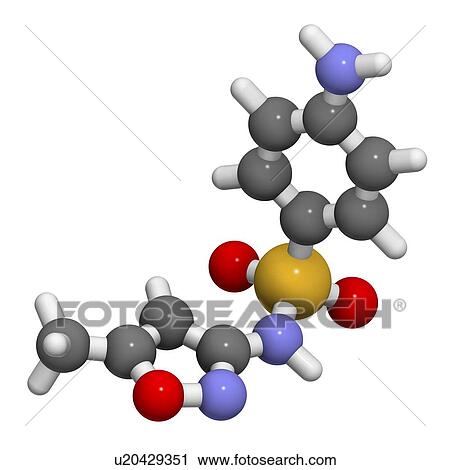 "Sulfamethoxazole antibiotic drug molecule (sulfonamide class). Atoms are represented as spheres with conventional colour coding: hydrogen (white), carbon (grey), oxygen (red), nitrogen (blue), sulfur (yellow). " View Large Illustration Clip Art - "Sulfamethoxazole antibiotic drug molecule (sulfonamide class). Atoms are represented as spheres with conventional colour coding: hydrogen (white), carbon (grey), oxygen (red), nitrogen (blue), sulfur (yellow). ". Fotosearch