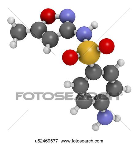 Stock Illustration - "Sulfamethoxazole antibiotic drug molecule (sulfonamide class). Atoms are represented as spheres with conventional colour coding: hydrogen (white), carbon (grey), oxygen (red), nitrogen (blue), sulfur (yellow). ". Fotosearch