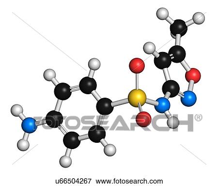 Stock Illustration - "Sulfamethoxazole antibiotic drug molecule (sulfonamide class). Atoms are represented as spheres with conventional colour coding: hydrogen (white), carbon (grey), oxygen (red), nitrogen (blue), sulfur (yellow). ". Fotosearch