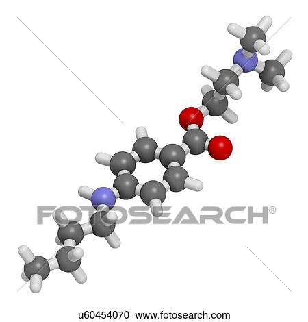 "Tetracaine local anesthetic drug molecule. Atoms are represented as spheres with conventional colour coding: hydrogen (white), carbon (grey), oxygen (red), nitrogen (blue). " View Large Illustration Clipart - "Tetracaine local anesthetic drug molecule. Atoms are represented as spheres with conventional colour coding: hydrogen (white), carbon (grey), oxygen (red), nitrogen (blue). ". Fotosearch