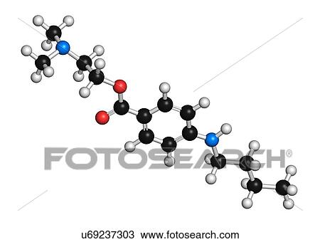 "Tetracaine local anesthetic drug molecule. Atoms are represented as spheres with conventional colour coding: hydrogen (white), carbon (black), oxygen (red), nitrogen (blue). " View Large Illustration Drawing - "Tetracaine local anesthetic drug molecule. Atoms are represented as spheres with conventional colour coding: hydrogen (white), carbon (black), oxygen (red), nitrogen (blue). ". Fotosearch