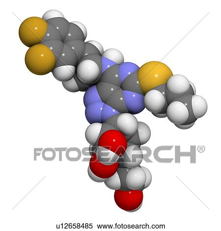 Stock Illustration - "Ticagrelor platelet inhibitor drug. Used to prevent thrombosis. Atoms are represented as spheres with conventional colour coding: hydrogen (white), carbon (grey), oxygen (red), nitrogen (blue), sulfur (yellow), fluorine (gold). ". Fotosearch
