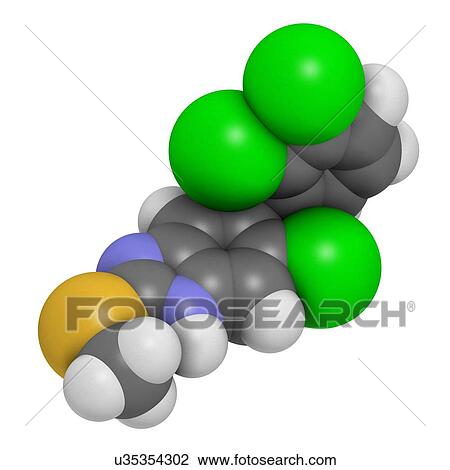 "Triclabendazole anthelmintic drug molecule. Atoms are represented as spheres with conventional colour coding: hydrogen (white), carbon (grey), oxygen (red), nitrogen (blue), sulfur (yellow), chlorine (green). " View Large Illustration Drawing - "Triclabendazole anthelmintic drug molecule. Atoms are represented as spheres with conventional colour coding: hydrogen (white), carbon (grey), oxygen (red), nitrogen (blue), sulfur (yellow), chlorine (green). ". Fotosearch
