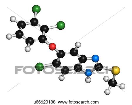 Stock Illustration - "Triclabendazole anthelmintic drug molecule. Atoms are represented as spheres with conventional colour coding: hydrogen (white), carbon (black), oxygen (red), nitrogen (blue), sulfur (yellow), chlorine (green). ". Fotosearch