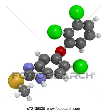 Stock Illustration - "Triclabendazole anthelmintic drug molecule. Atoms are represented as spheres with conventional colour coding: hydrogen (white), carbon (grey), oxygen (red), nitrogen (blue), sulfur (yellow), chlorine (green). ". Fotosearch