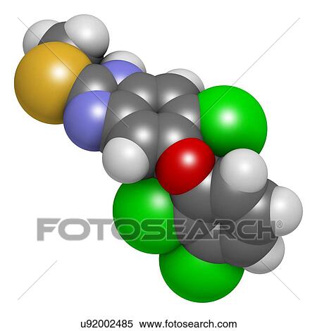 Stock Illustration - "Triclabendazole anthelmintic drug molecule. Atoms are represented as spheres with conventional colour coding: hydrogen (white), carbon (grey), oxygen (red), nitrogen (blue), sulfur (yellow), chlorine (green). ". Fotosearch